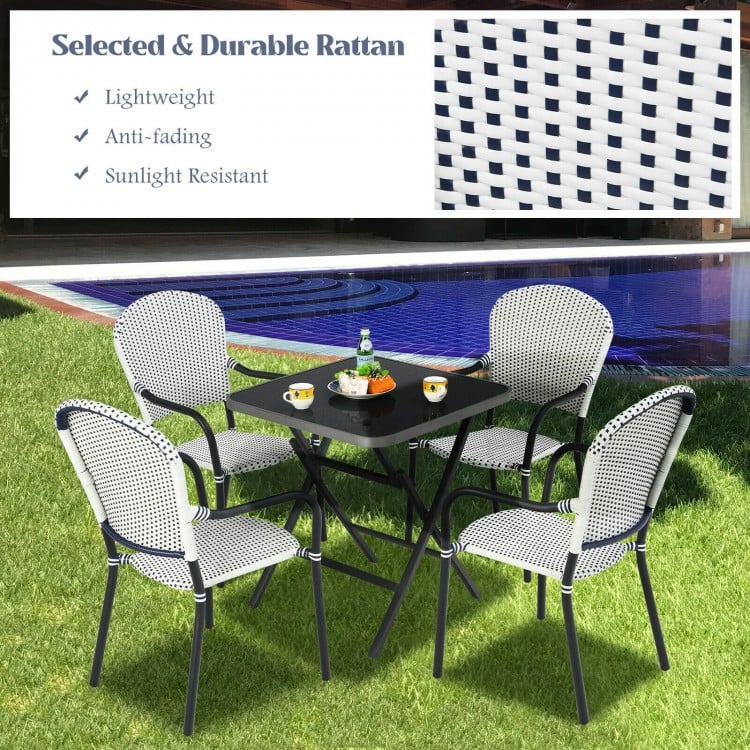 Set of 4 Patio Rattan Stackable Dining Chair with Armrest for Garden-White
