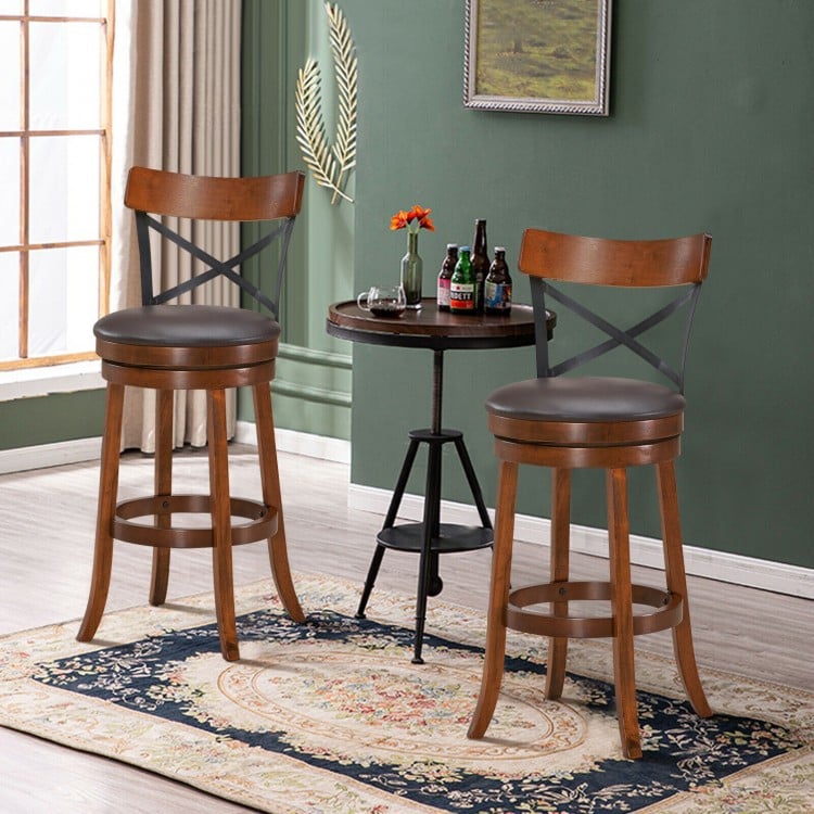 Set of 2 Bar Stools 360-Degree Swivel Dining Bar Chairs with Rubber Wood Legs-L