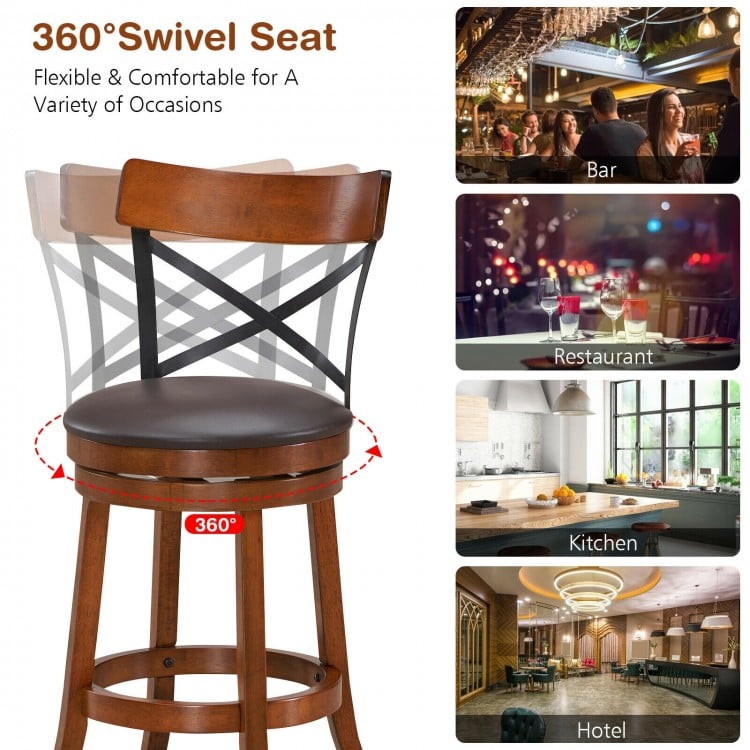 Set of 2 Bar Stools 360-Degree Swivel Dining Bar Chairs with Rubber Wood Legs-L