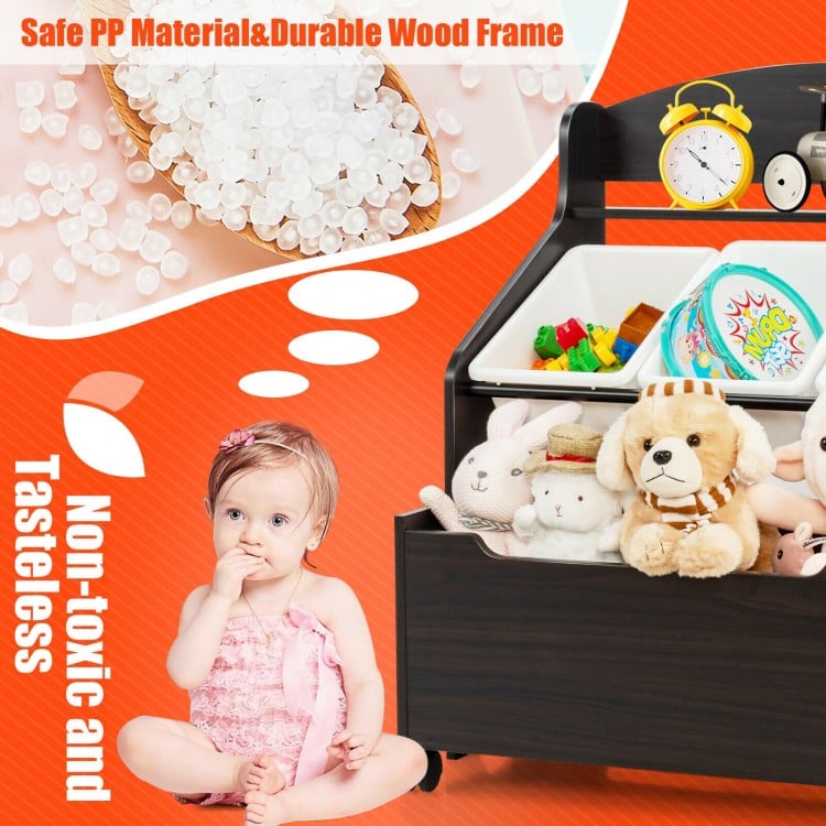 Kids Wooden Toy Storage Unit Organizer with Rolling Toy Box and Plastic Bins-Espresso