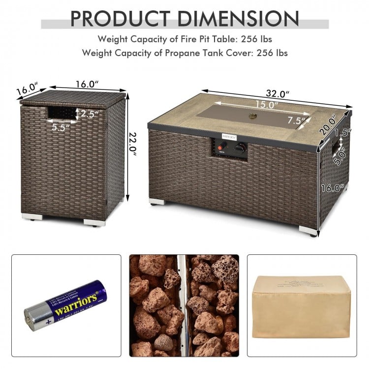32 Inch x 20 Inch Propane Rattan Fire Pit Table Set with Side Table Tank and Cover
