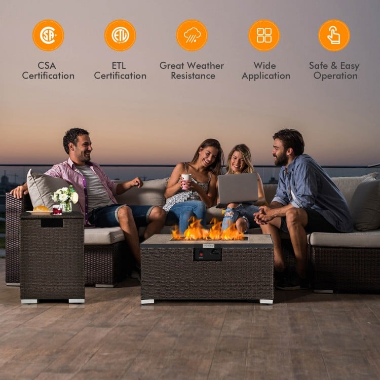 32 Inch x 20 Inch Propane Rattan Fire Pit Table Set with Side Table Tank and Cover