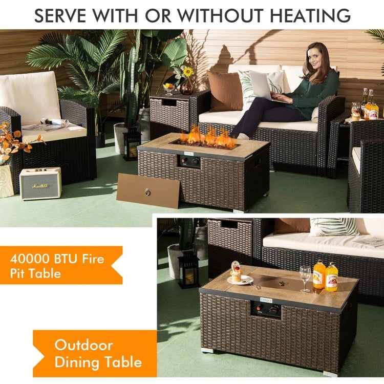 32 Inch x 20 Inch Propane Rattan Fire Pit Table Set with Side Table Tank and Cover