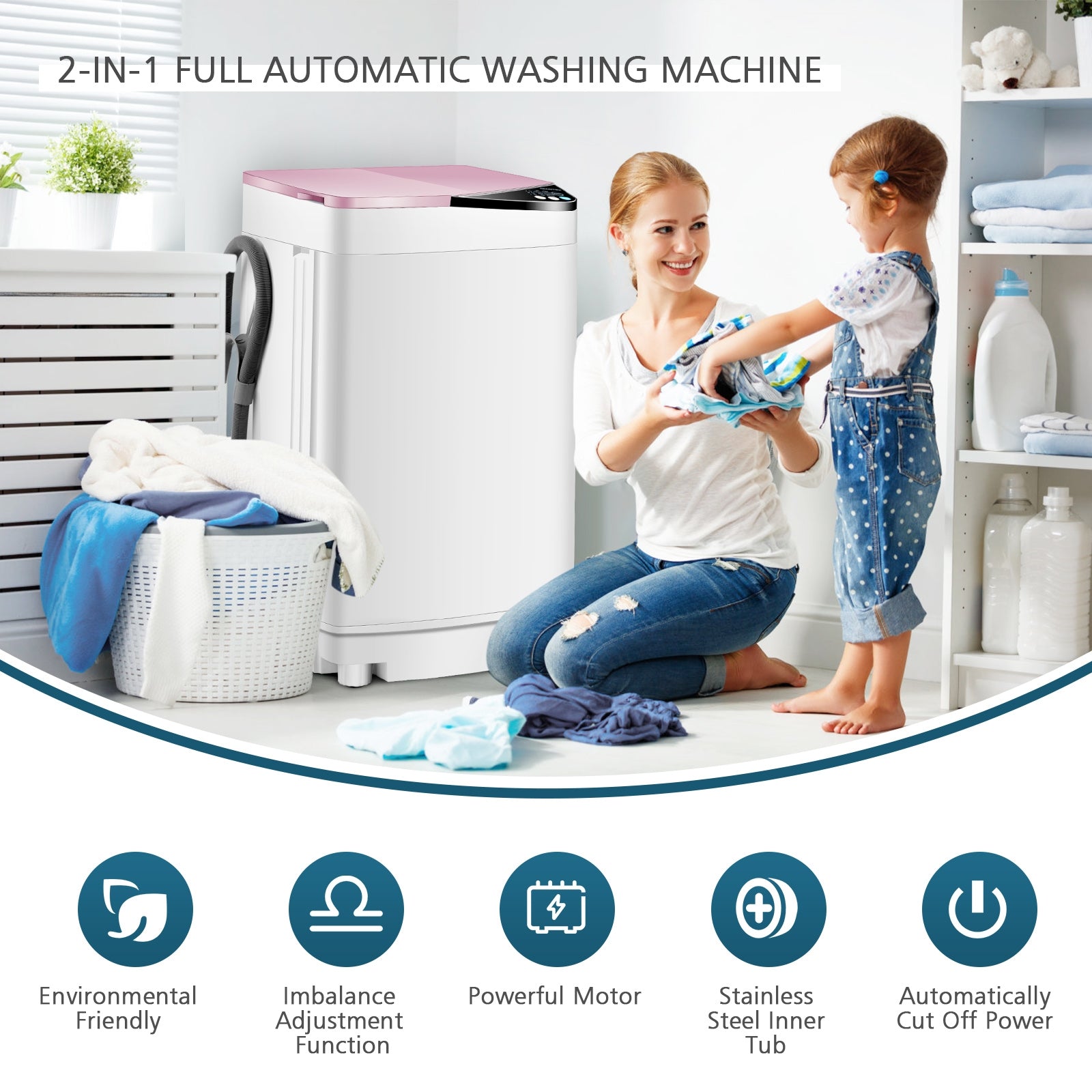 Full-automatic Washing Machine 7.7 lbs Washer / Spinner Germicidal-PinkÂ