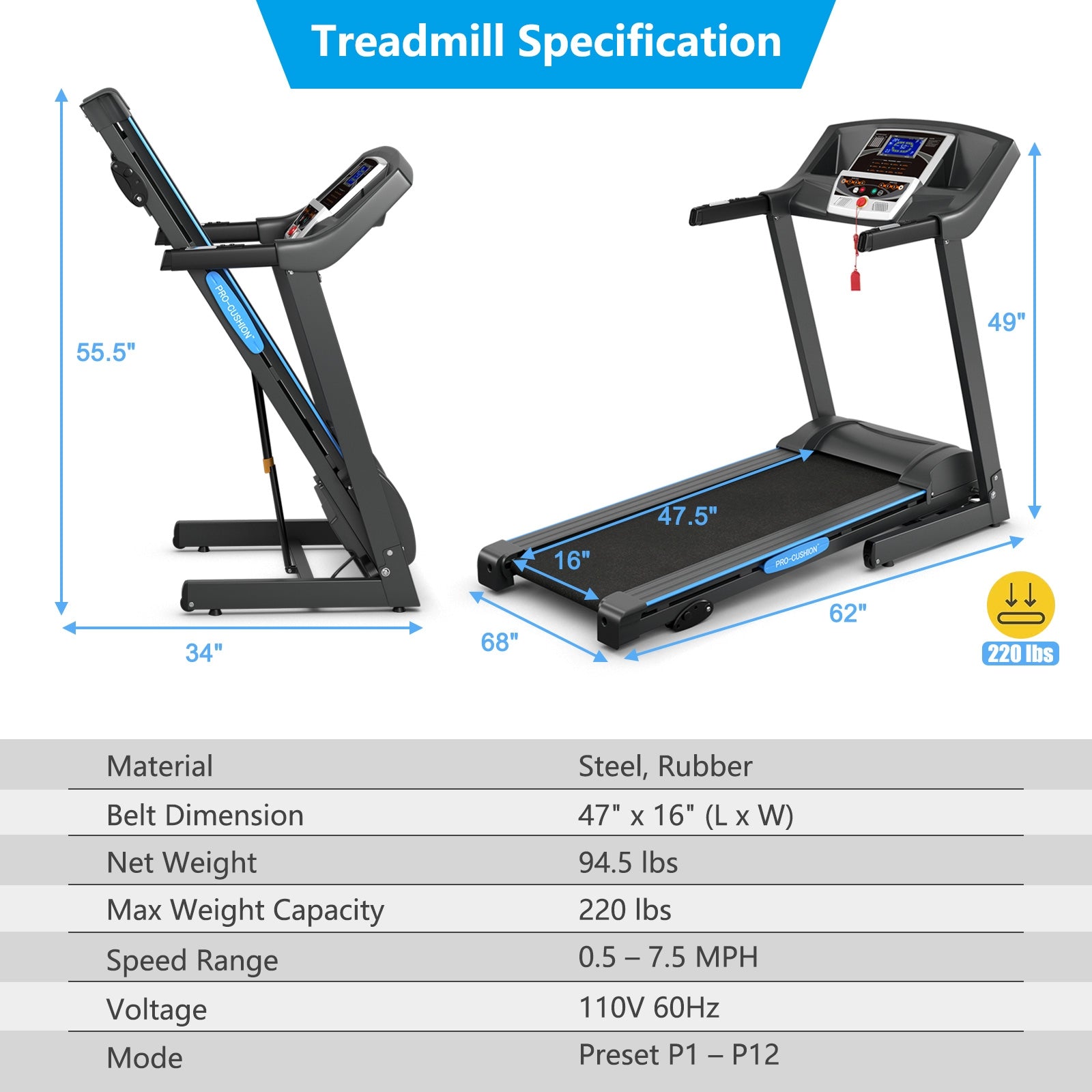 2.25 HP Folding Electric Motorized Power Treadmill Machine with LCD DisplayÂ