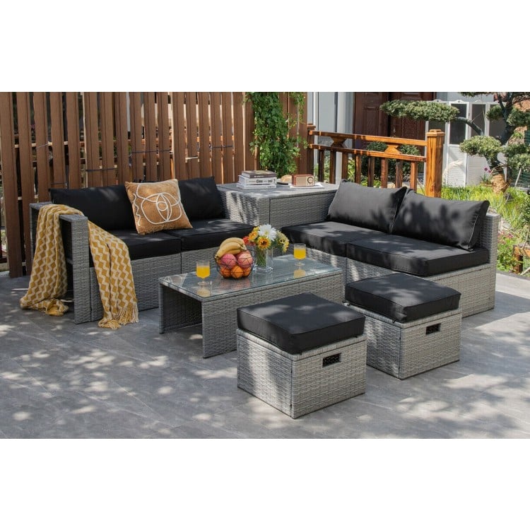 8 Pieces Patio Rattan Furniture Set with Storage Waterproof Cover and Cushion-Black