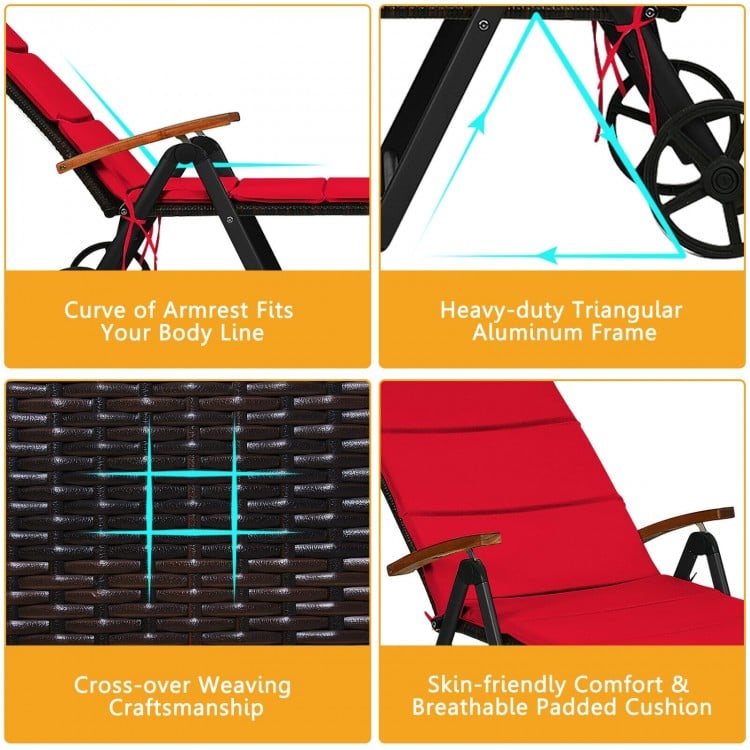 Folding Patio Rattan Lounge Chair with Wheels-Red