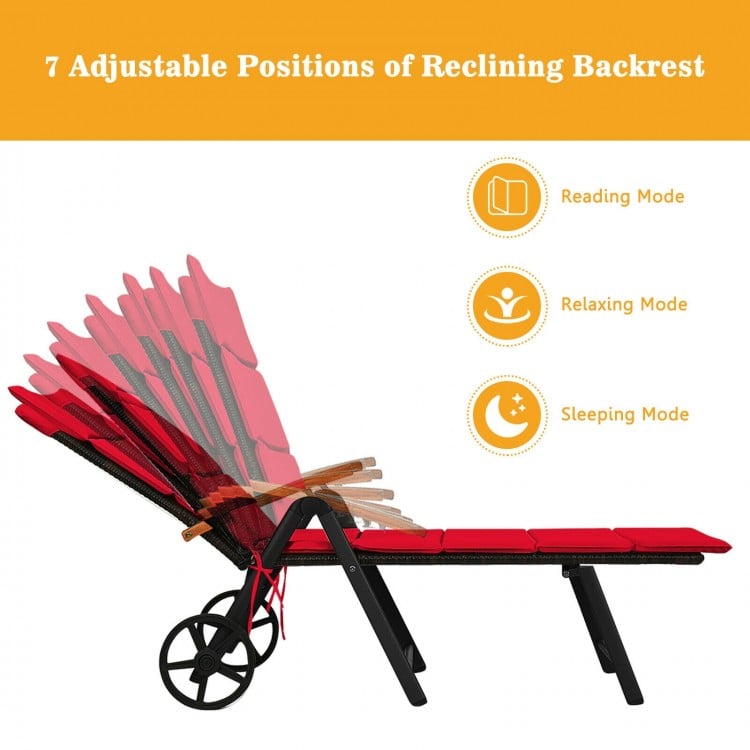 Folding Patio Rattan Lounge Chair with Wheels-Red