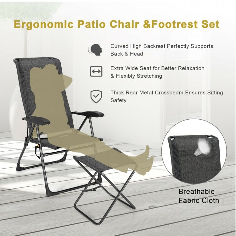 4 Pieces Patio Adjustable Back Folding Dining Chair Ottoman Set-Gray