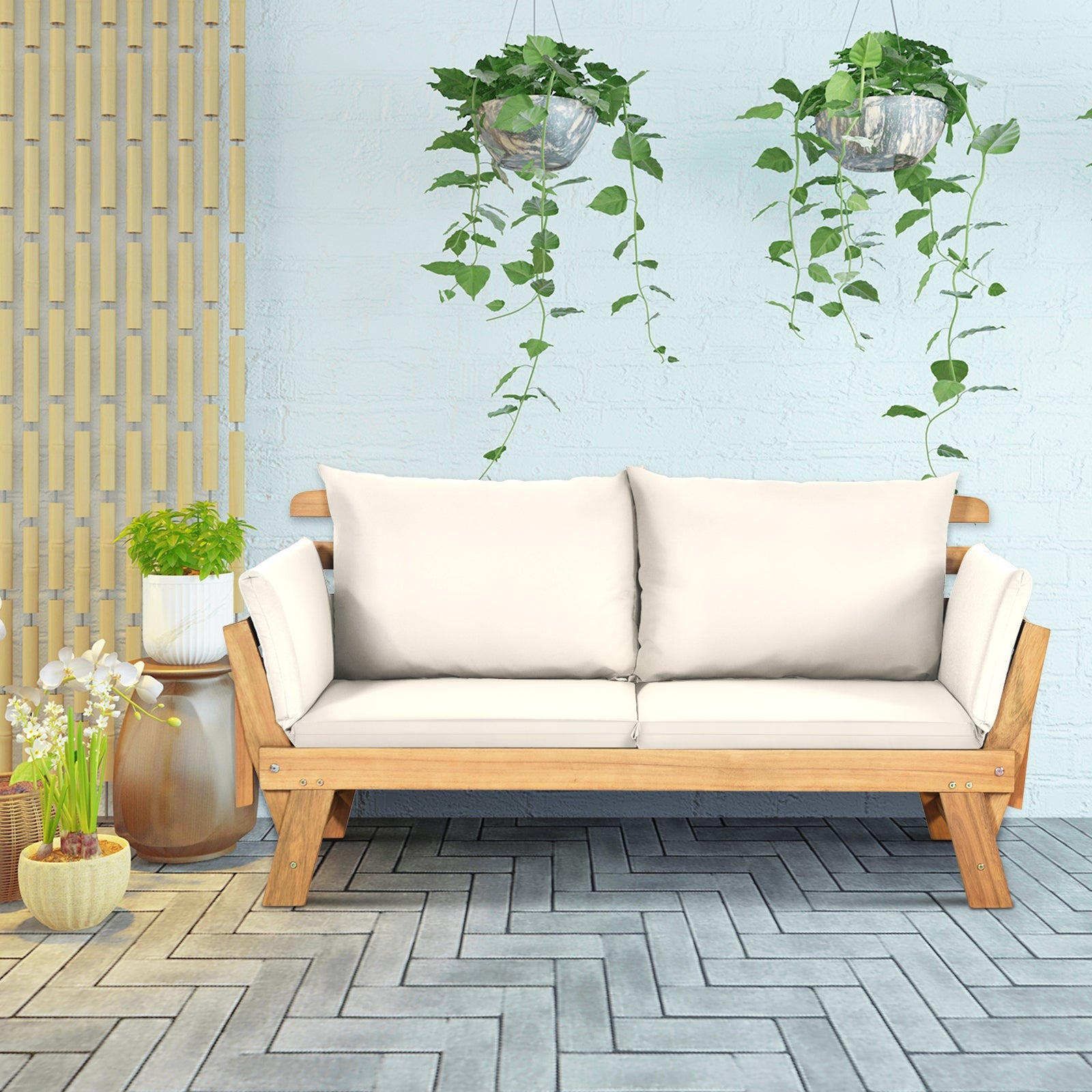 Adjustable Patio Convertible Sofa with Thick Cushion-White