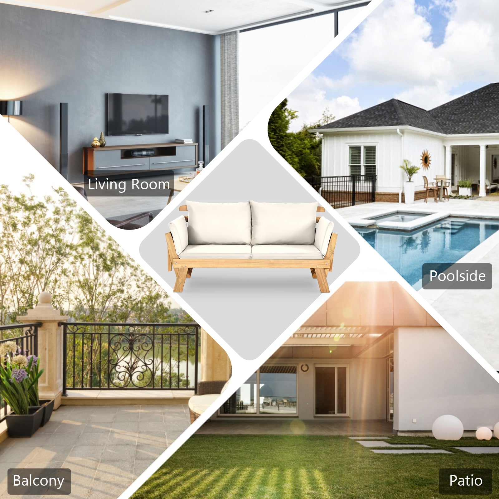 Adjustable Patio Convertible Sofa with Thick Cushion-White