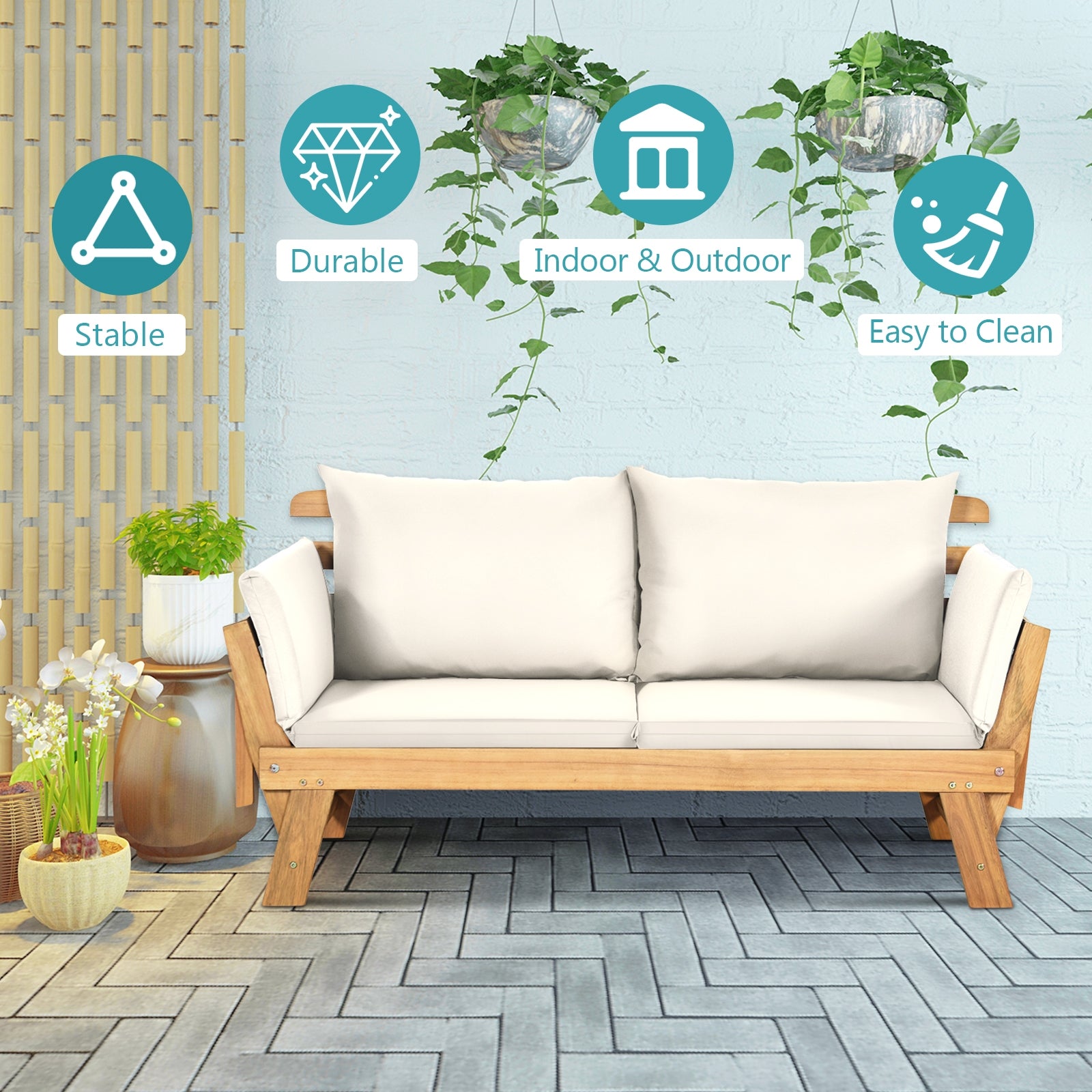 Adjustable Patio Convertible Sofa with Thick Cushion-White
