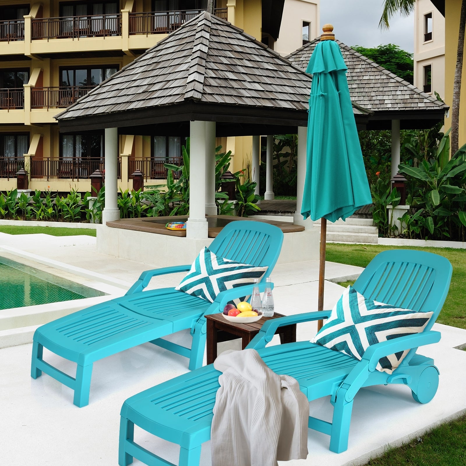 Adjustable Patio Sun Lounger with Weather Resistant Wheels-Turquoise