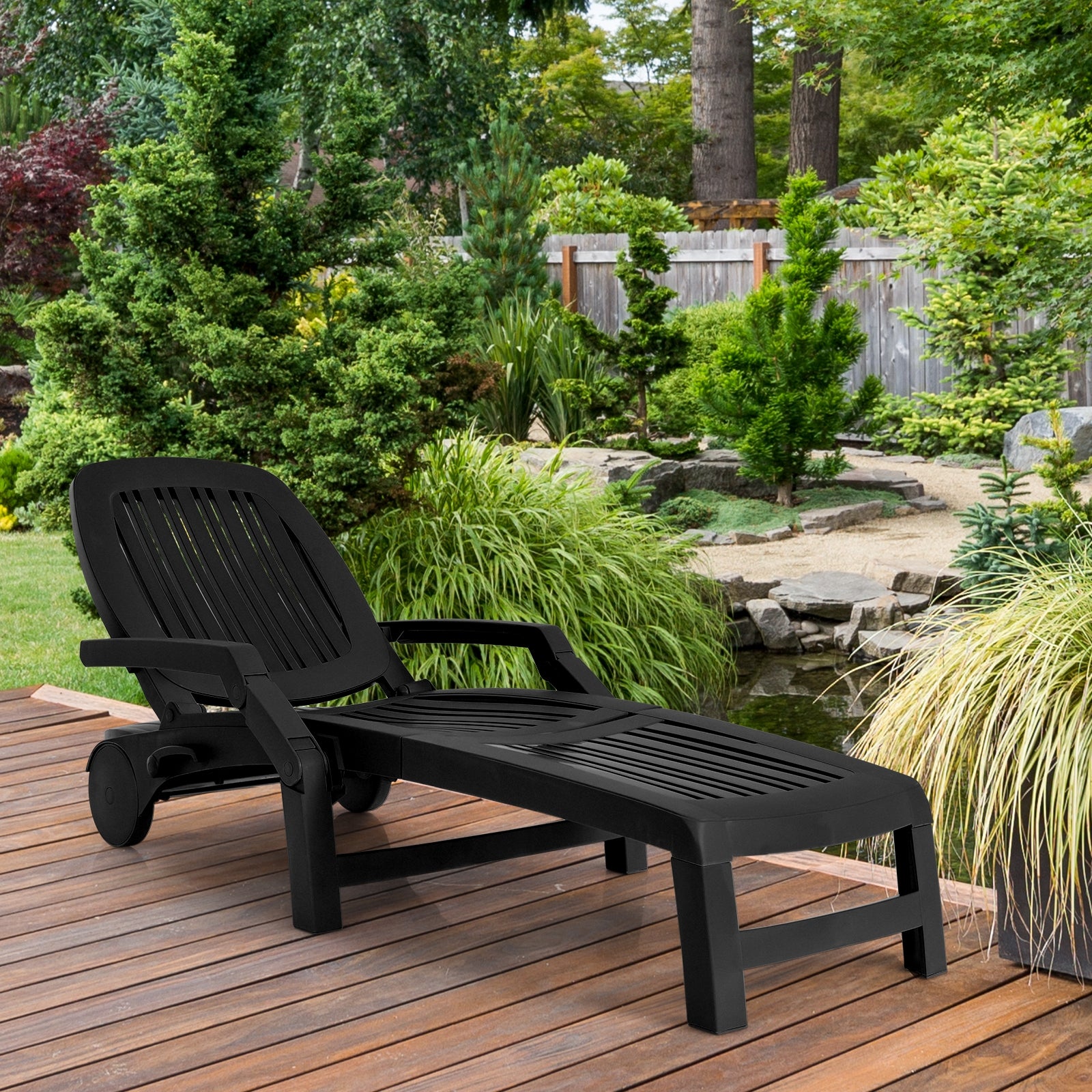 Adjustable Patio Sun Lounger with Weather Resistant Wheels-Black