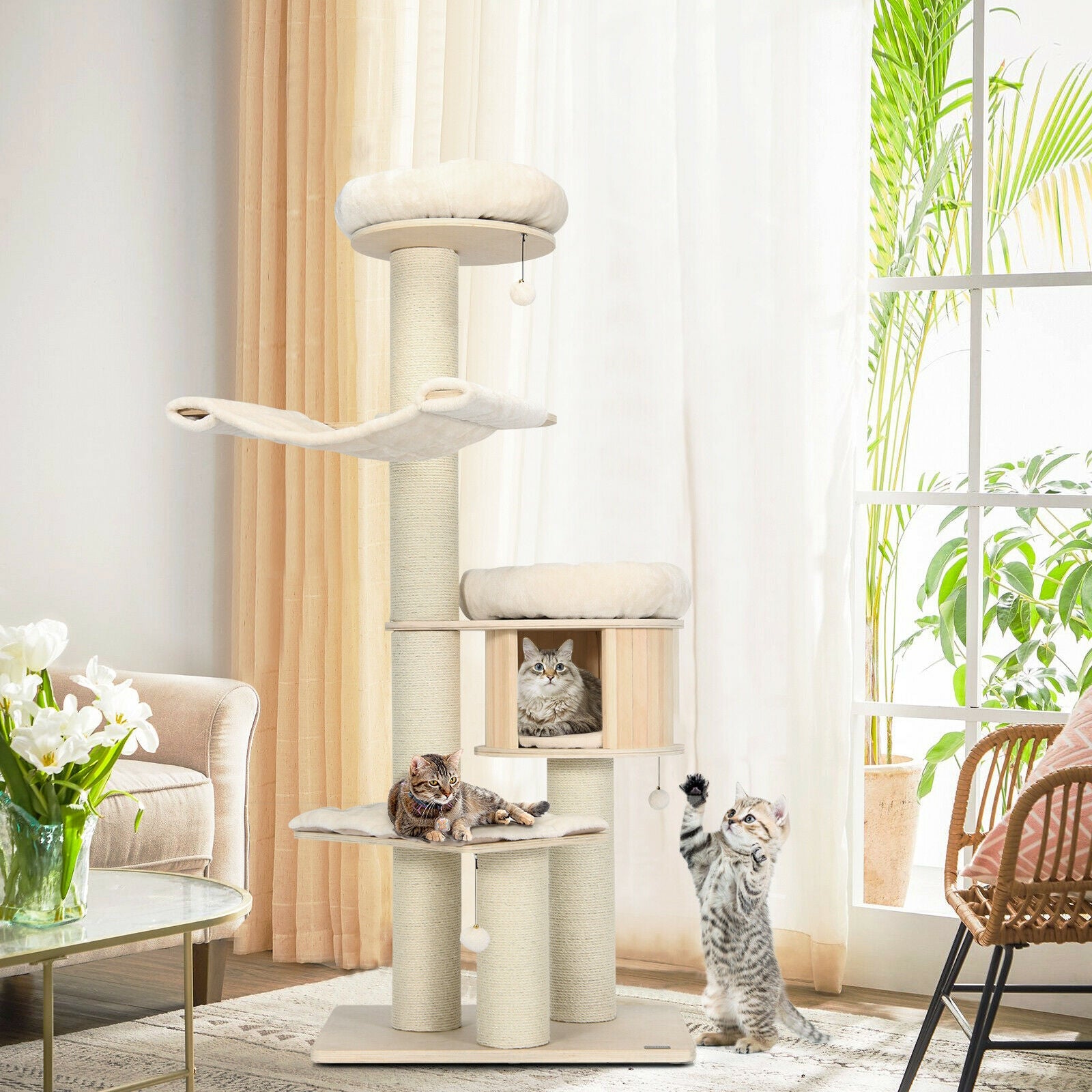 4-Layer 68.5-Inch Wooden Cat Tree Condo Activity Tower with Sisal Posts-Natural