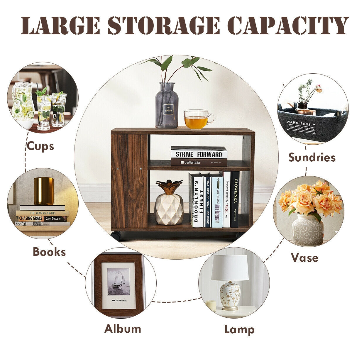 Multifunctional 3-Tier Side Table with Wheels and Large Storage Shelf