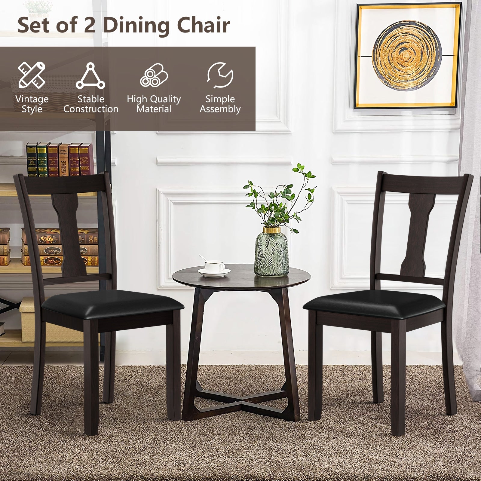 Set of 2 Dining Room Chair with Rubber Wood Frame and Upholstered Padded Seat-Brown