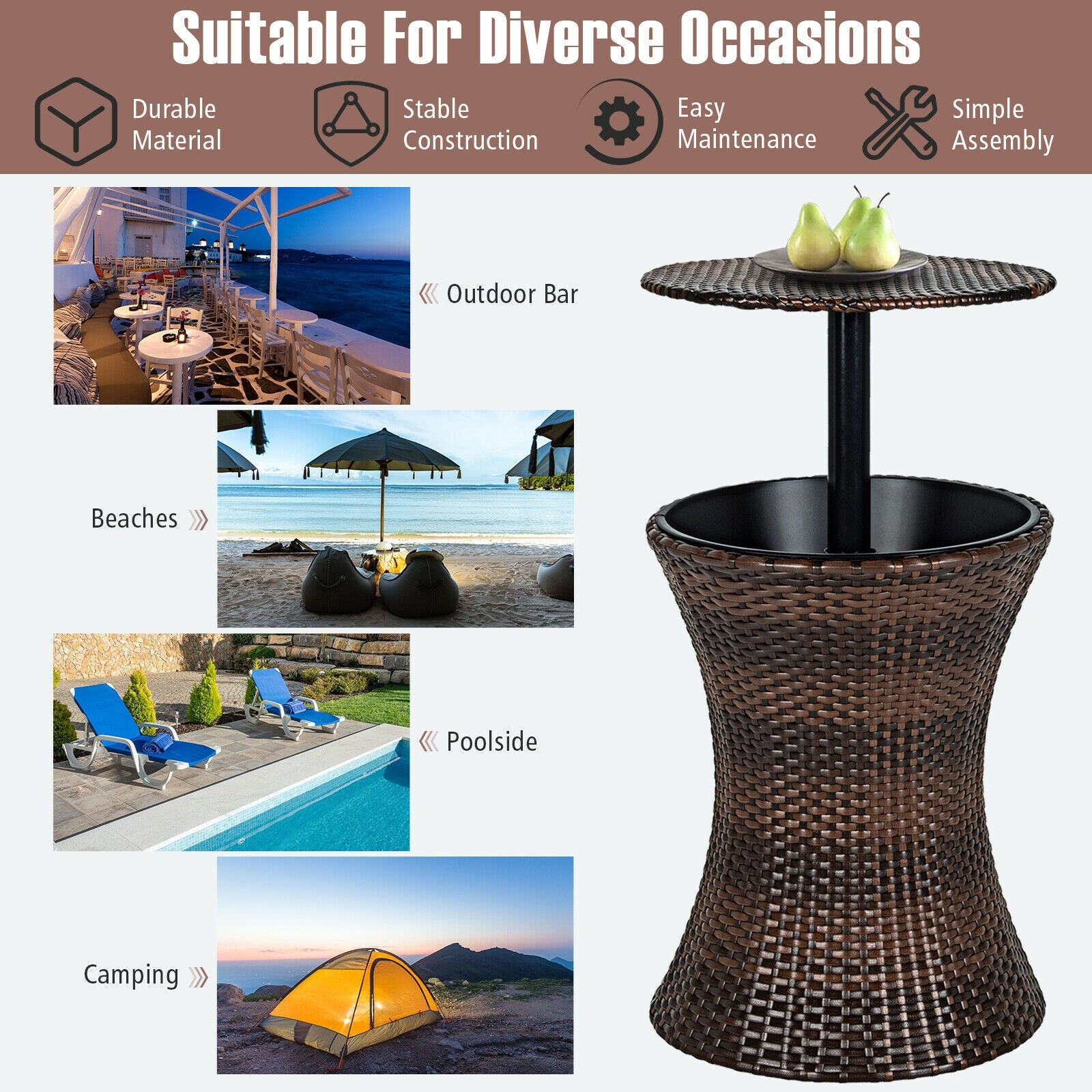 Height Adjustable Patio Rattan Cooler Bar Table-Black