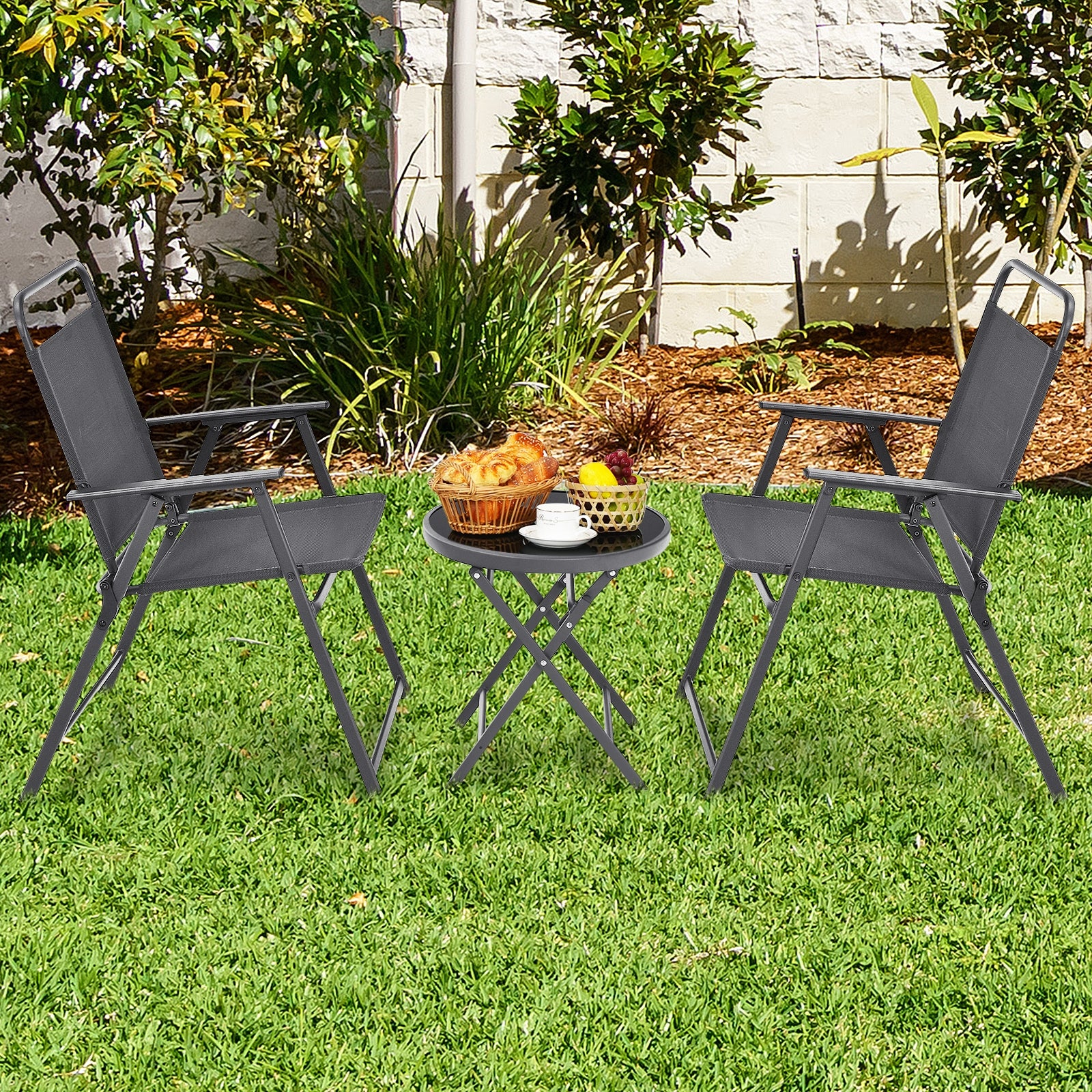 3 Pieces Outdoor Bistro Set with Folding Table and Chairs for Garden-Gray