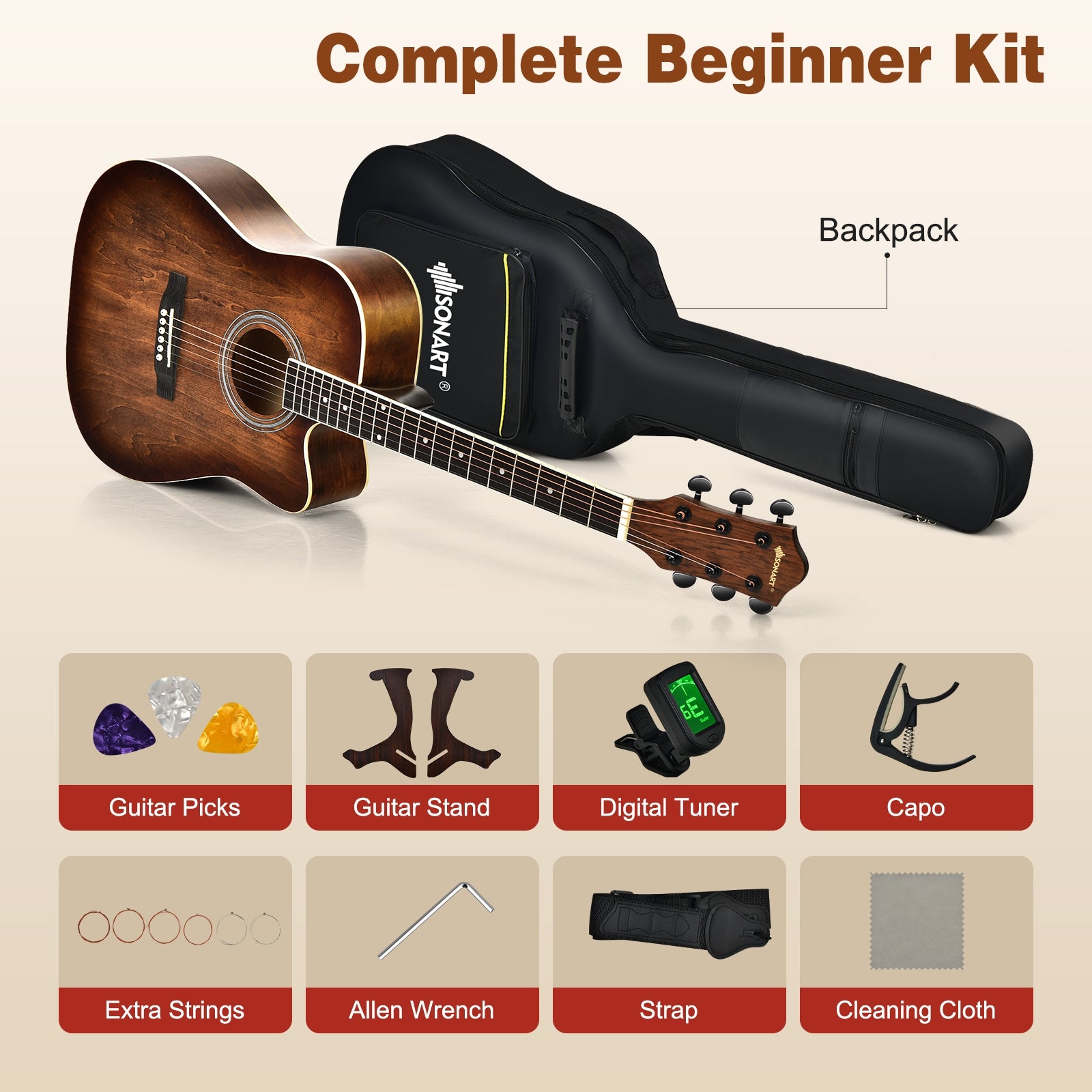 41 Inch Full Size Cutaway Acoustic Guitar Set for Beginner-Coffee