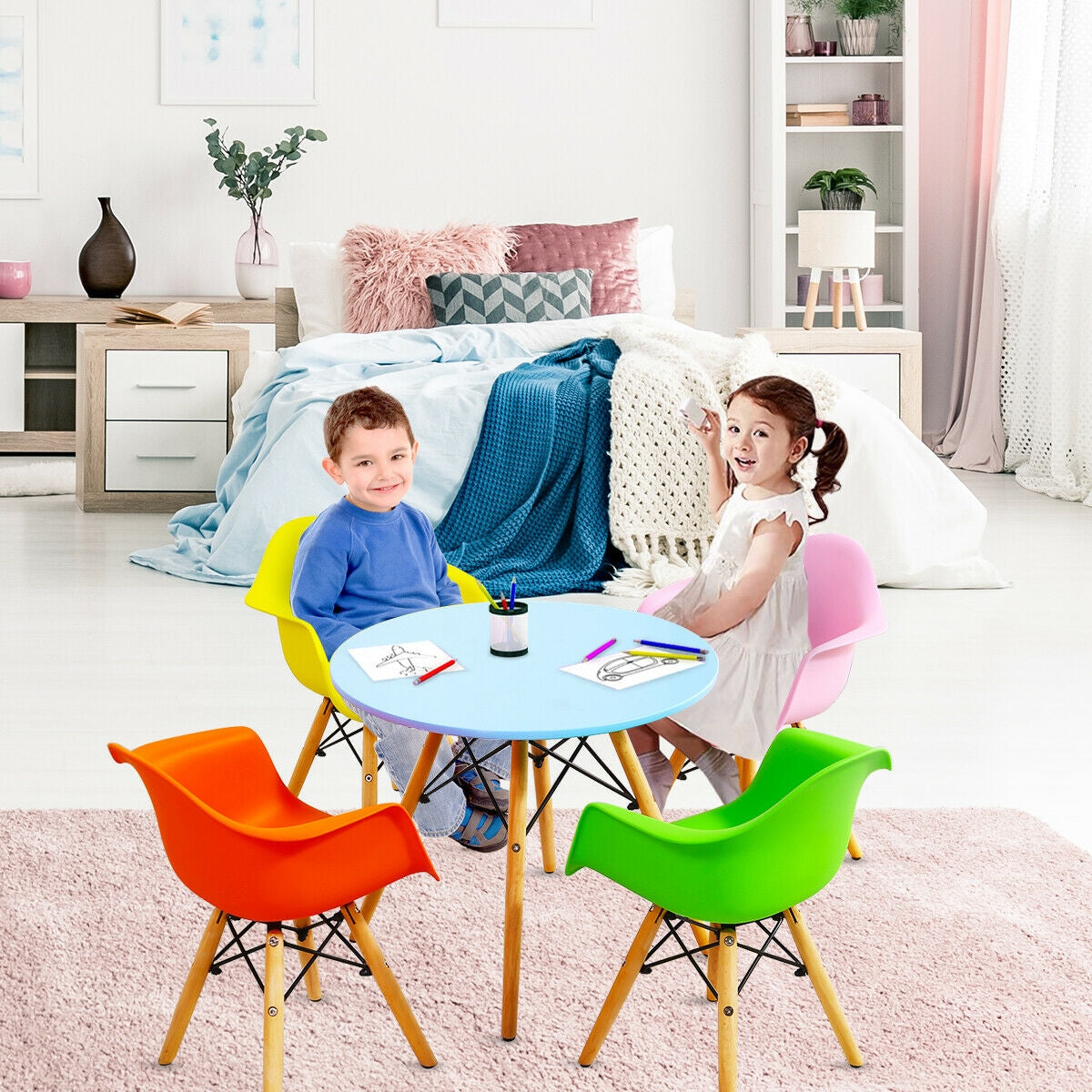 5 Piece Kids Mid-Century Colorful Table Chair Set