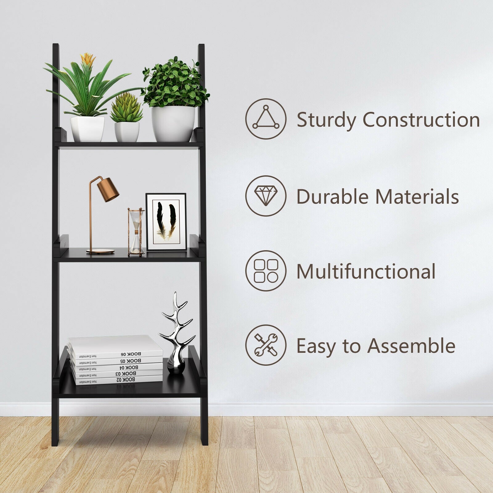 3 Tier Leaning Rack Wall Book Shelf Ladder-Black