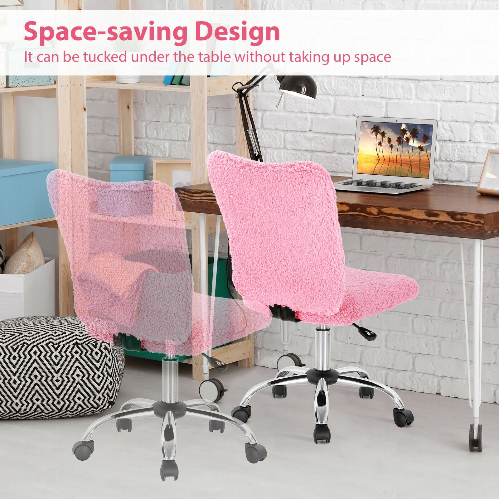 Armless Faux Fur Leisure Office Chair with Adjustable Swivel-Pink