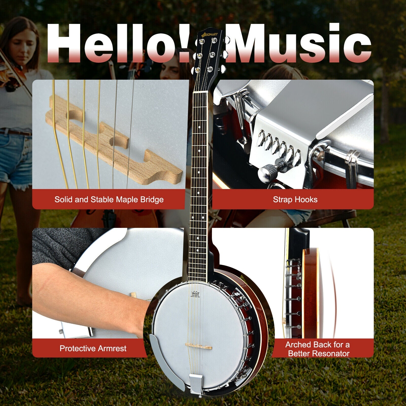 39 Inch Sonart Full Size 6 string 24 Bracket Professional Banjo Instrument with Open Back