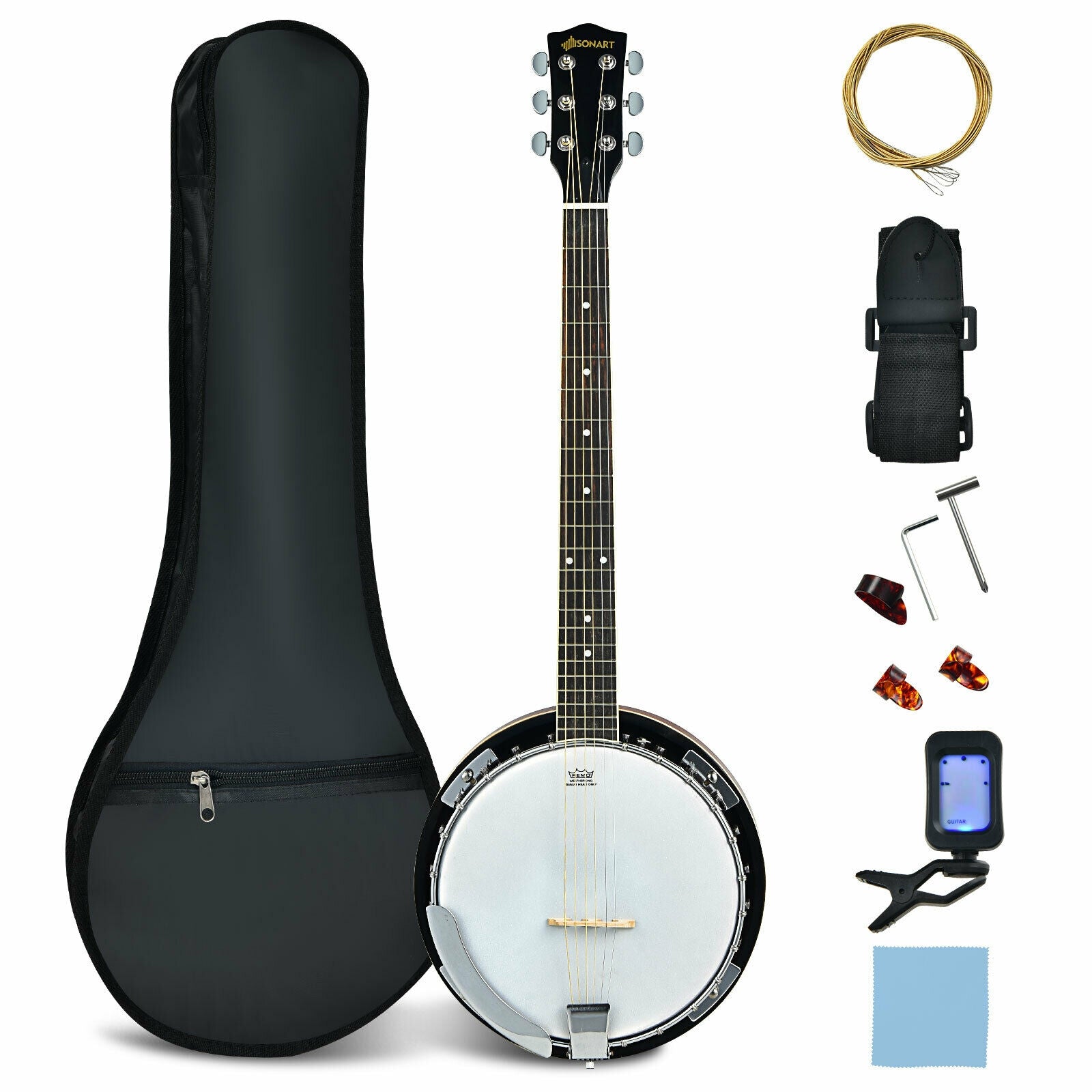 39 Inch Sonart Full Size 6 string 24 Bracket Professional Banjo Instrument with Open Back