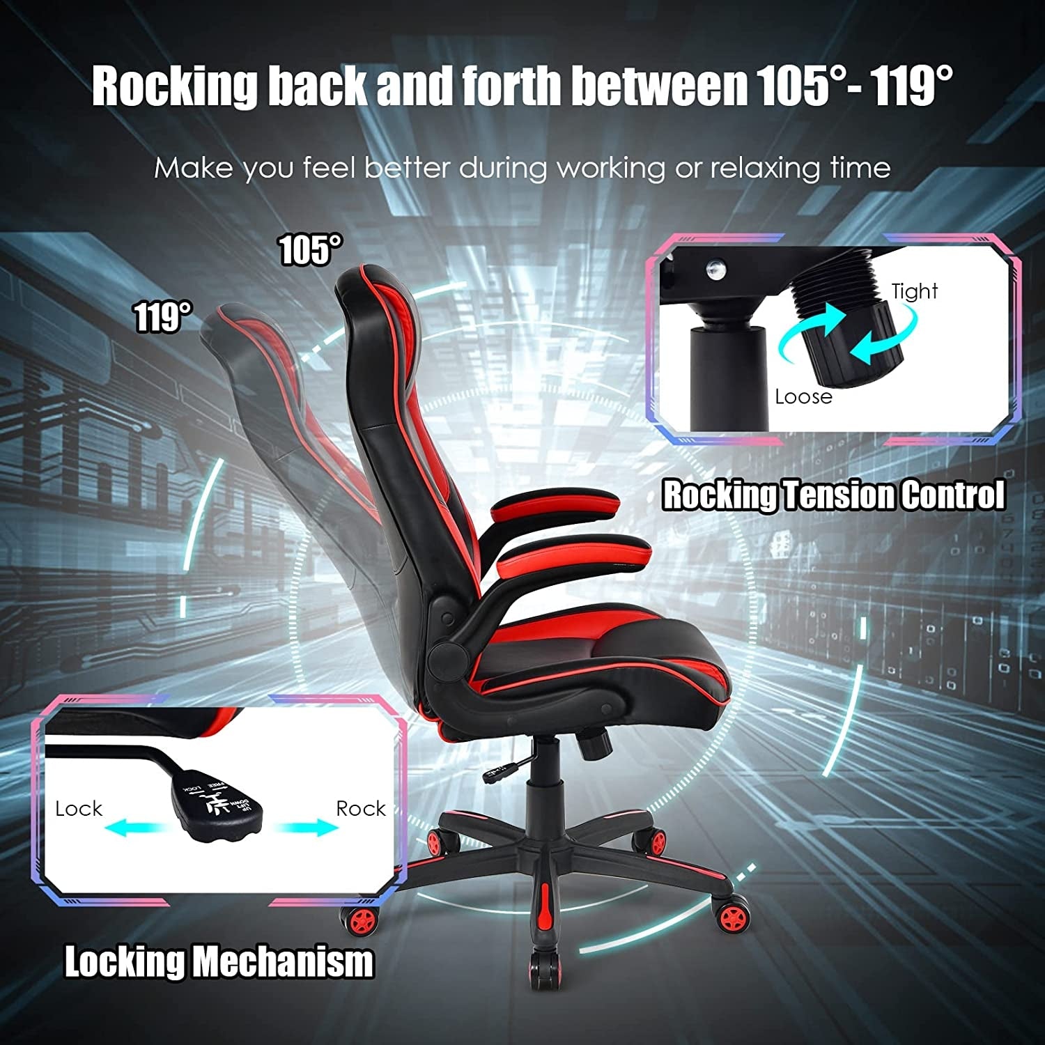 Racing Style Office Chair with PVC and PU Leather Seat-Red