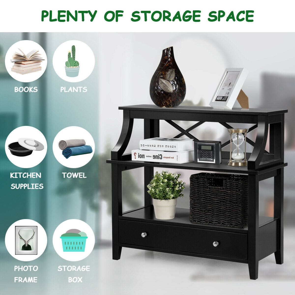 3-Tier Storage Rack End table Side Table with Slide Drawer -Black