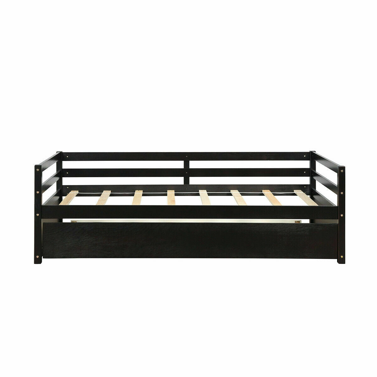 Twin Size Trundle Platform Bed Frame with Wooden Slat Support-Dark Brown