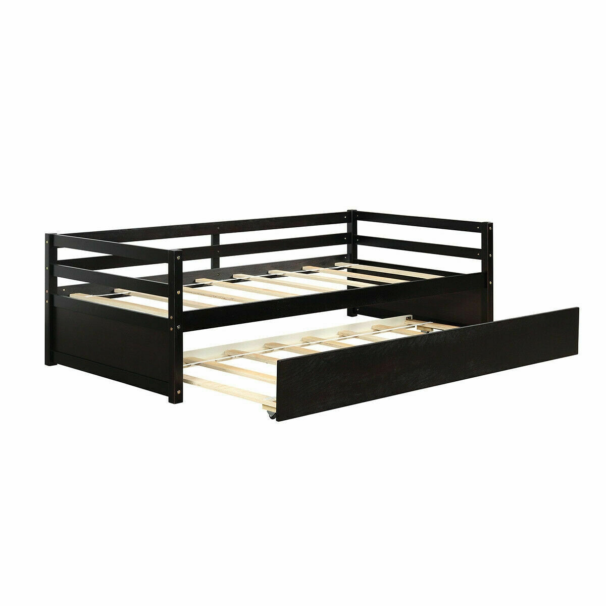 Twin Size Trundle Platform Bed Frame with Wooden Slat Support-Dark Brown