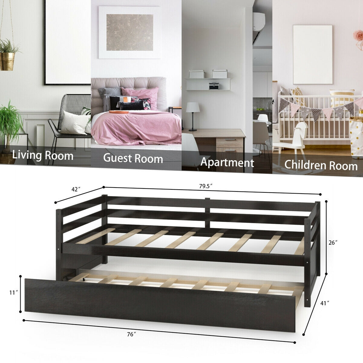 Twin Size Trundle Platform Bed Frame with Wooden Slat Support-Dark Brown