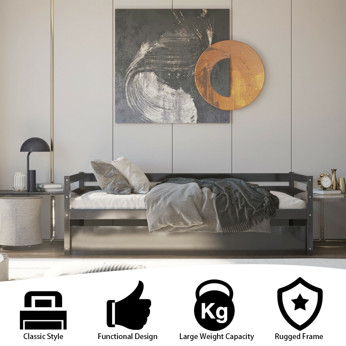 Twin Size Trundle Platform Bed Frame with Wooden Slat Support-Dark Brown