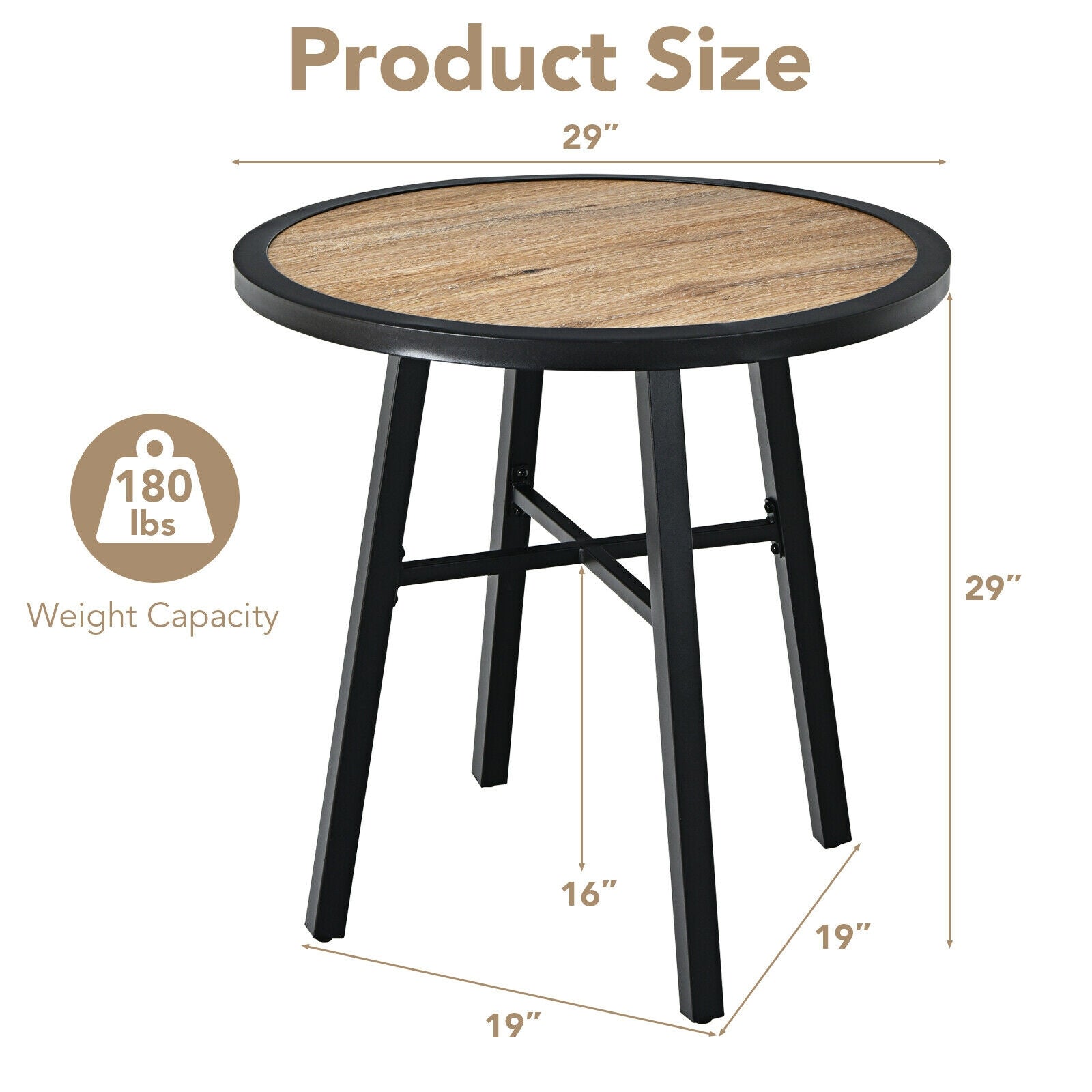 29 Inch Patio Round Bistro Metal Table with Wood-Like Top