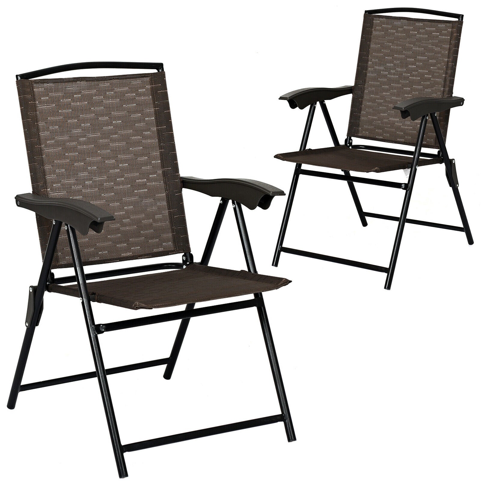 2 Pieces Folding Sling Chairs with Steel Armrests and Adjustable Back