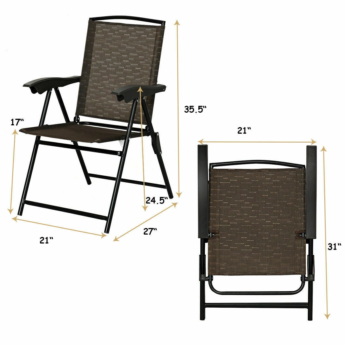 2 Pieces Folding Sling Chairs with Steel Armrests and Adjustable Back