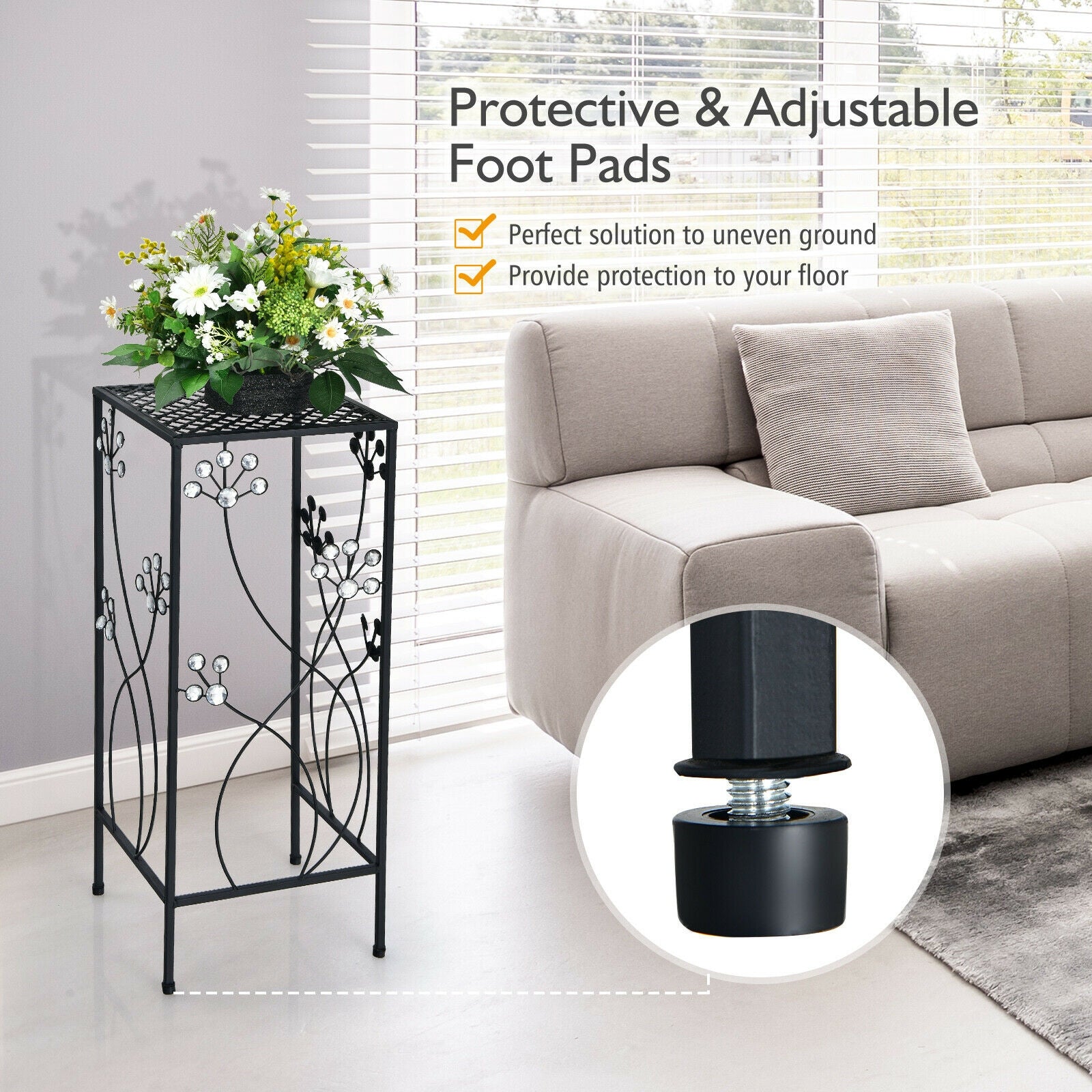 3 Pieces Metal Plant Stand Set with Crystal Floral Accents Square-Black