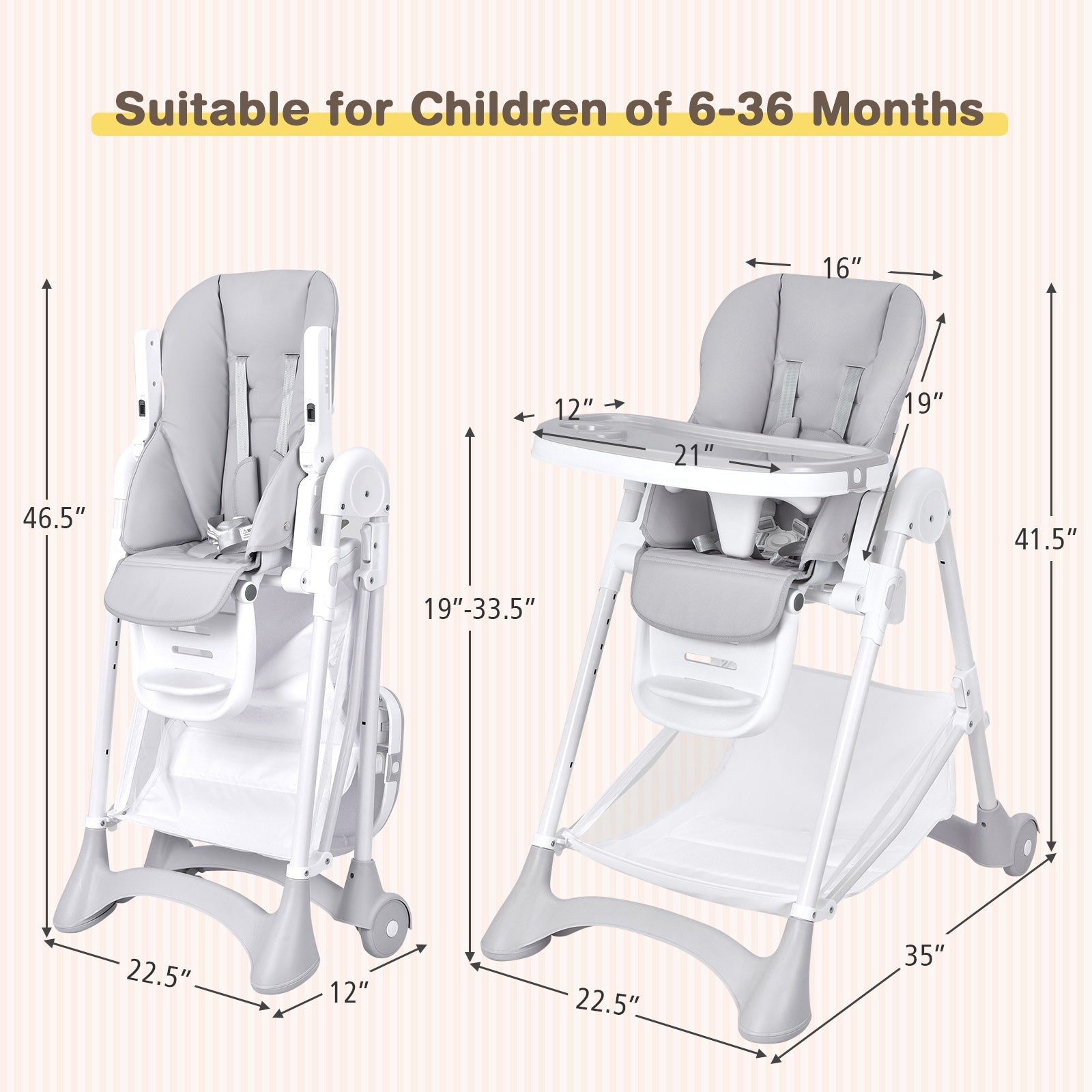 Baby Convertible Folding Adjustable High Chair with Wheel Tray Storage Basket-Gray