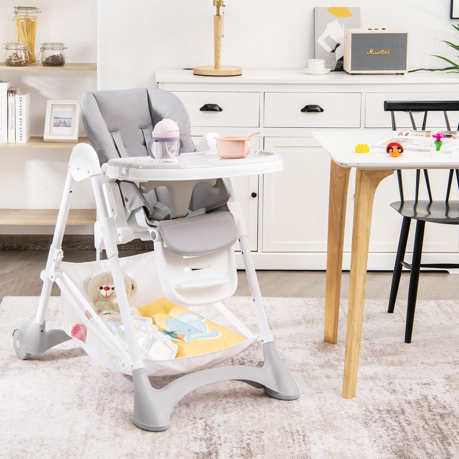Baby Convertible Folding Adjustable High Chair with Wheel Tray Storage Basket-Gray