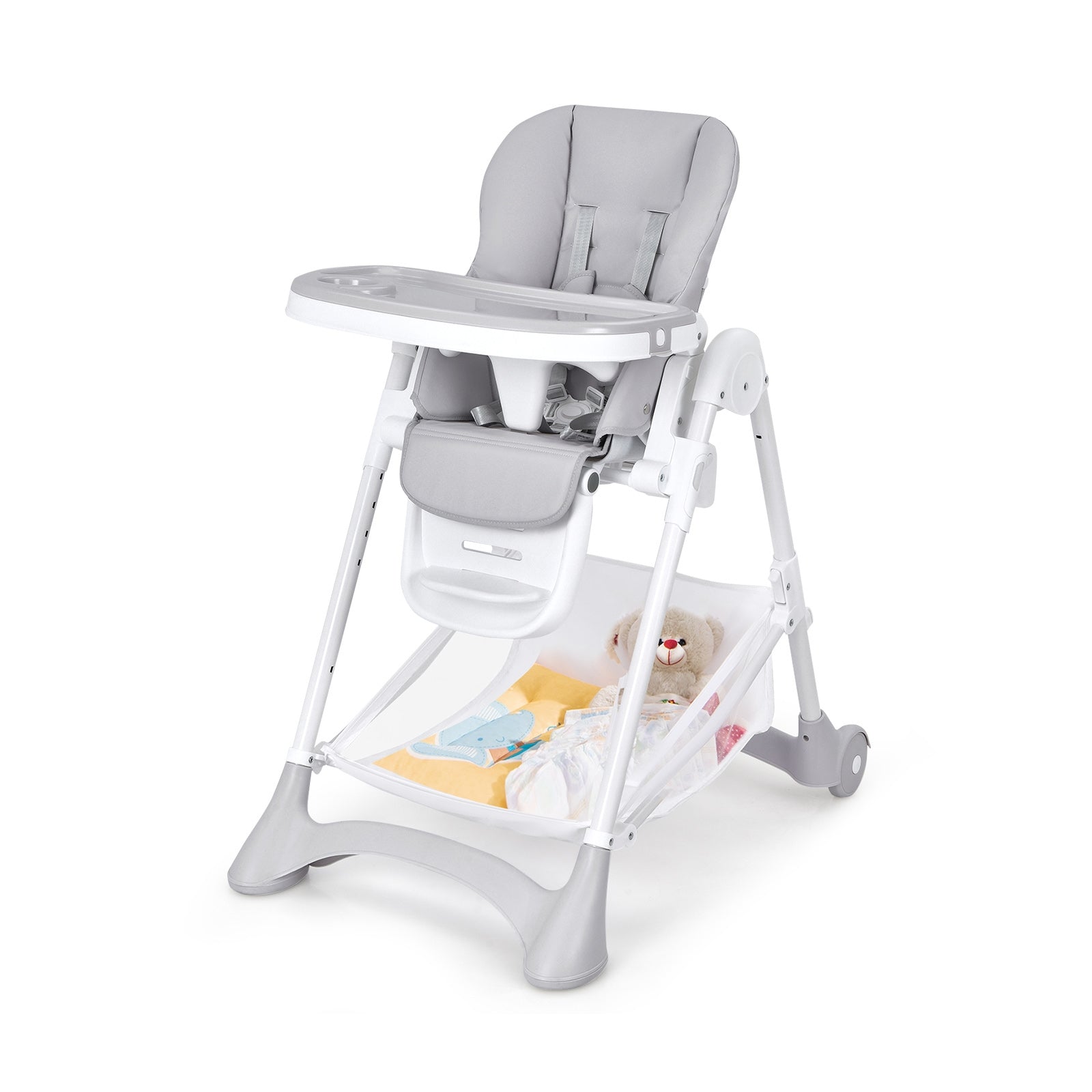Baby Convertible Folding Adjustable High Chair with Wheel Tray Storage Basket-Gray