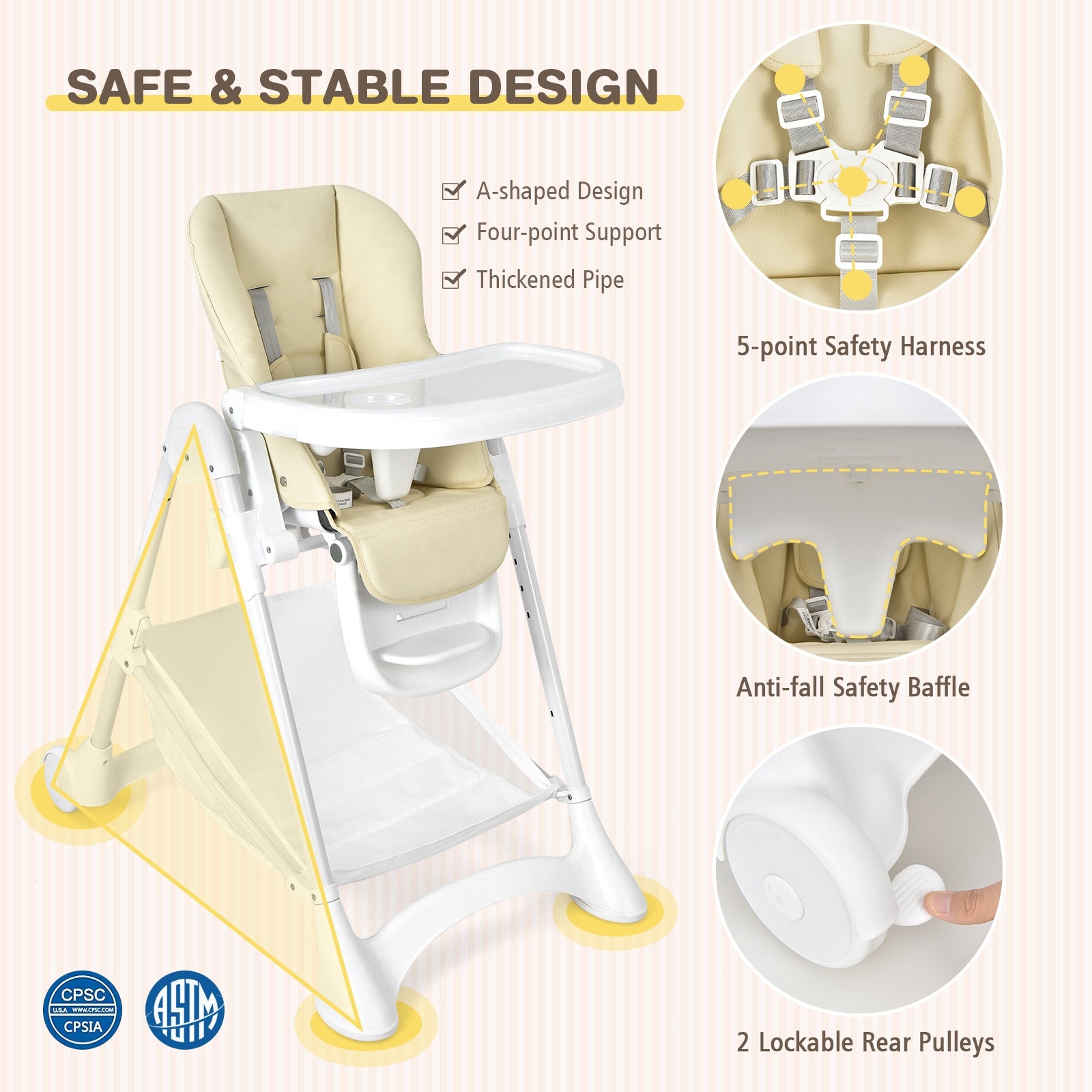Baby Convertible Folding Adjustable High Chair with Wheel Tray Storage Basket-Beige