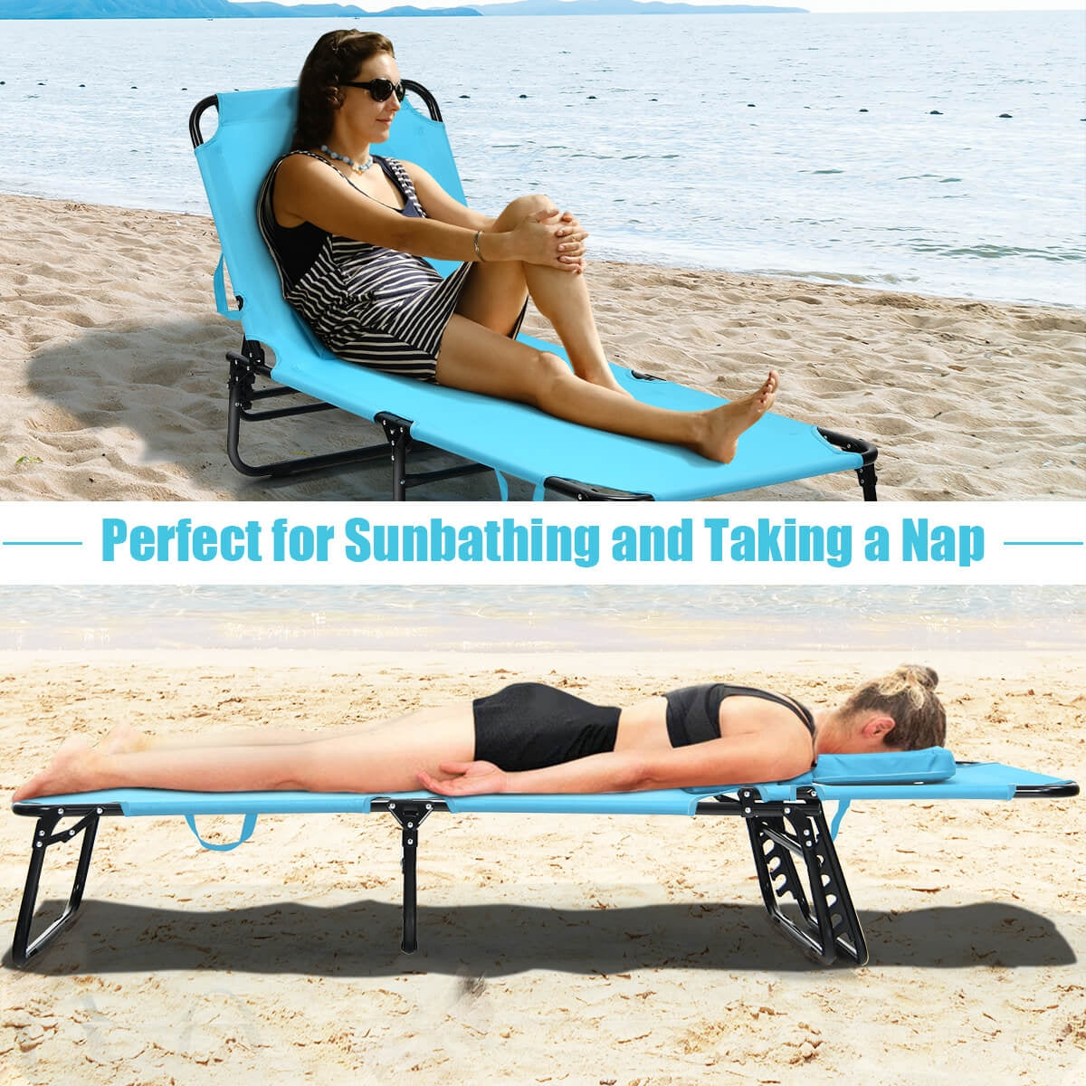 Outdoor Folding Chaise Beach Pool Patio Lounge Chair Bed with Adjustable Back and Hole-Turquoise
