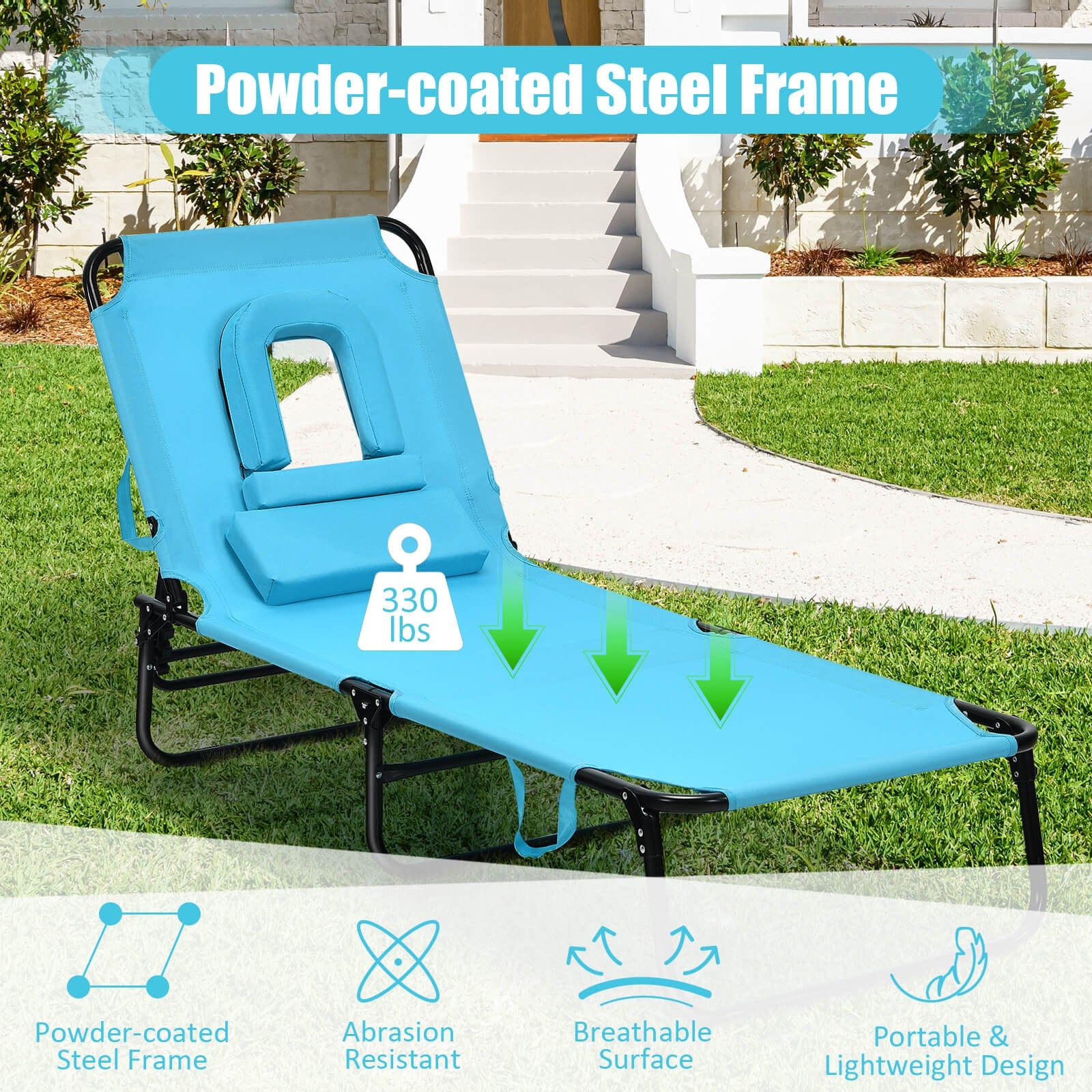 Outdoor Folding Chaise Beach Pool Patio Lounge Chair Bed with Adjustable Back and Hole-Turquoise