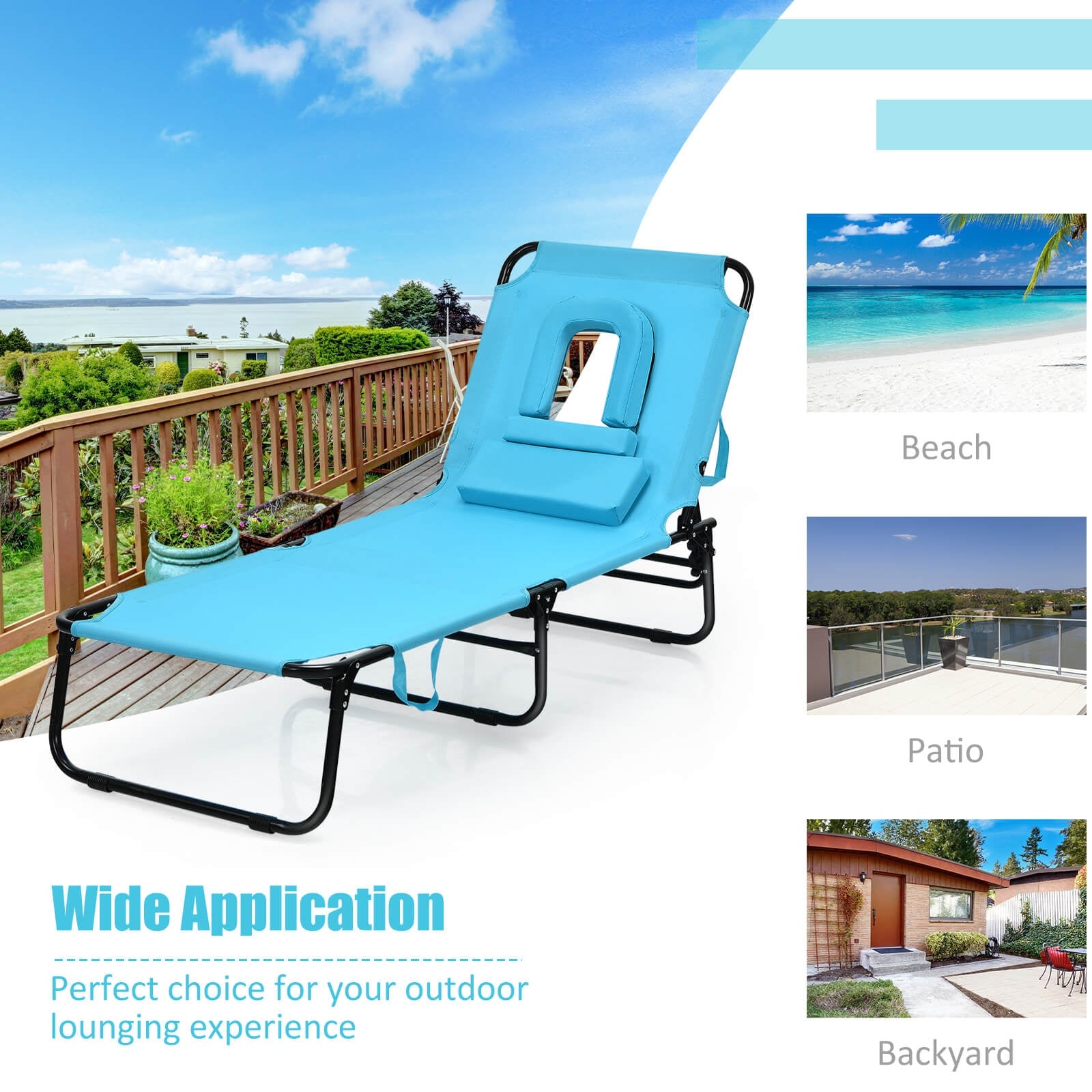 Outdoor Folding Chaise Beach Pool Patio Lounge Chair Bed with Adjustable Back and Hole-Turquoise