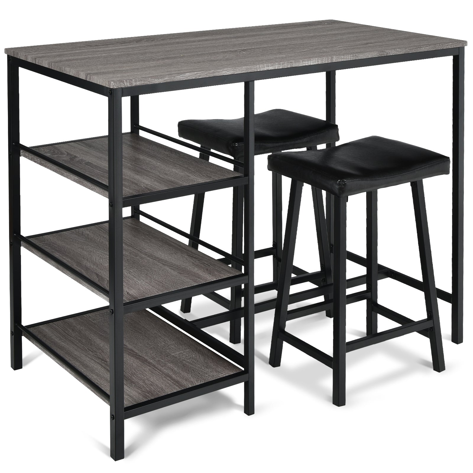 3 Pieces Counter Height Dining Bar Table Set with 2 Stools and 3 Storage Shelves-Gray