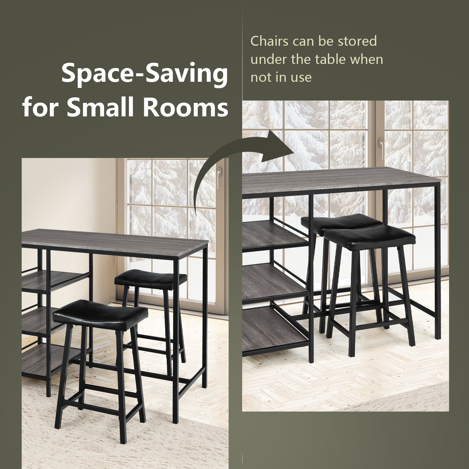 3 Pieces Counter Height Dining Bar Table Set with 2 Stools and 3 Storage Shelves-Gray