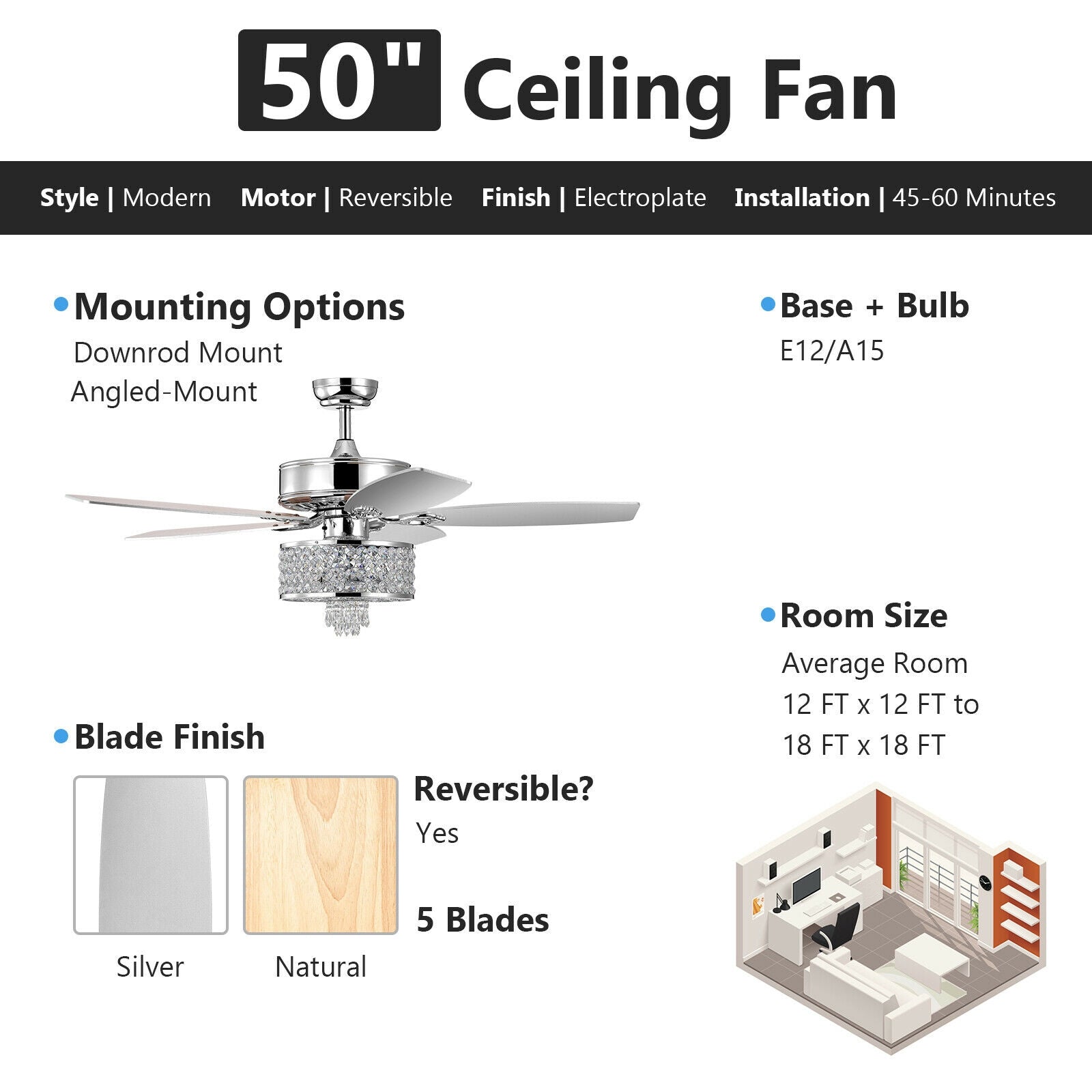50 Inch Electric Crystal Ceiling Fan with Light Adjustable Speed Remote Control-Silver