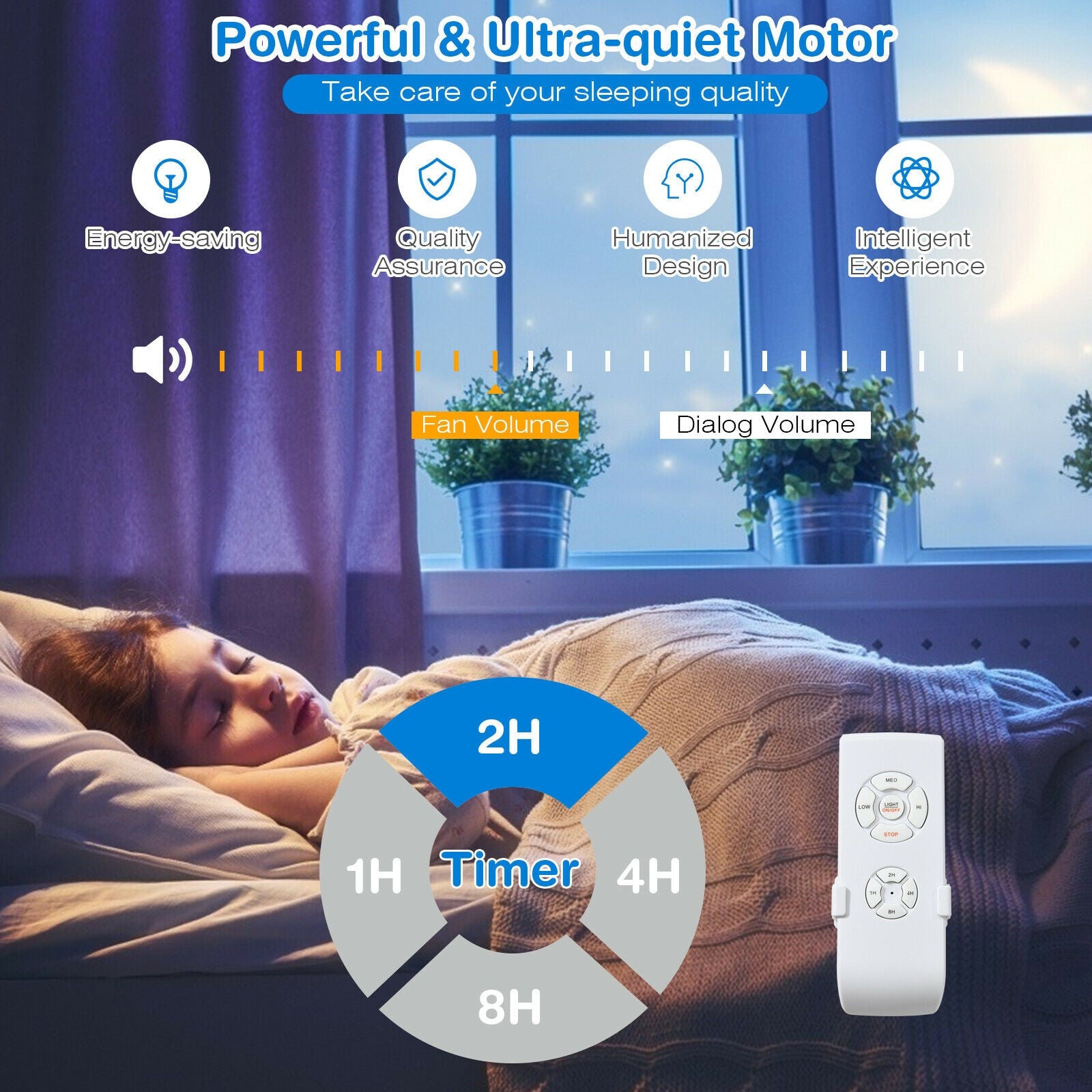 52 Inch Ceiling Fan with Light Reversible Blade and Adjustable Speed-Silver